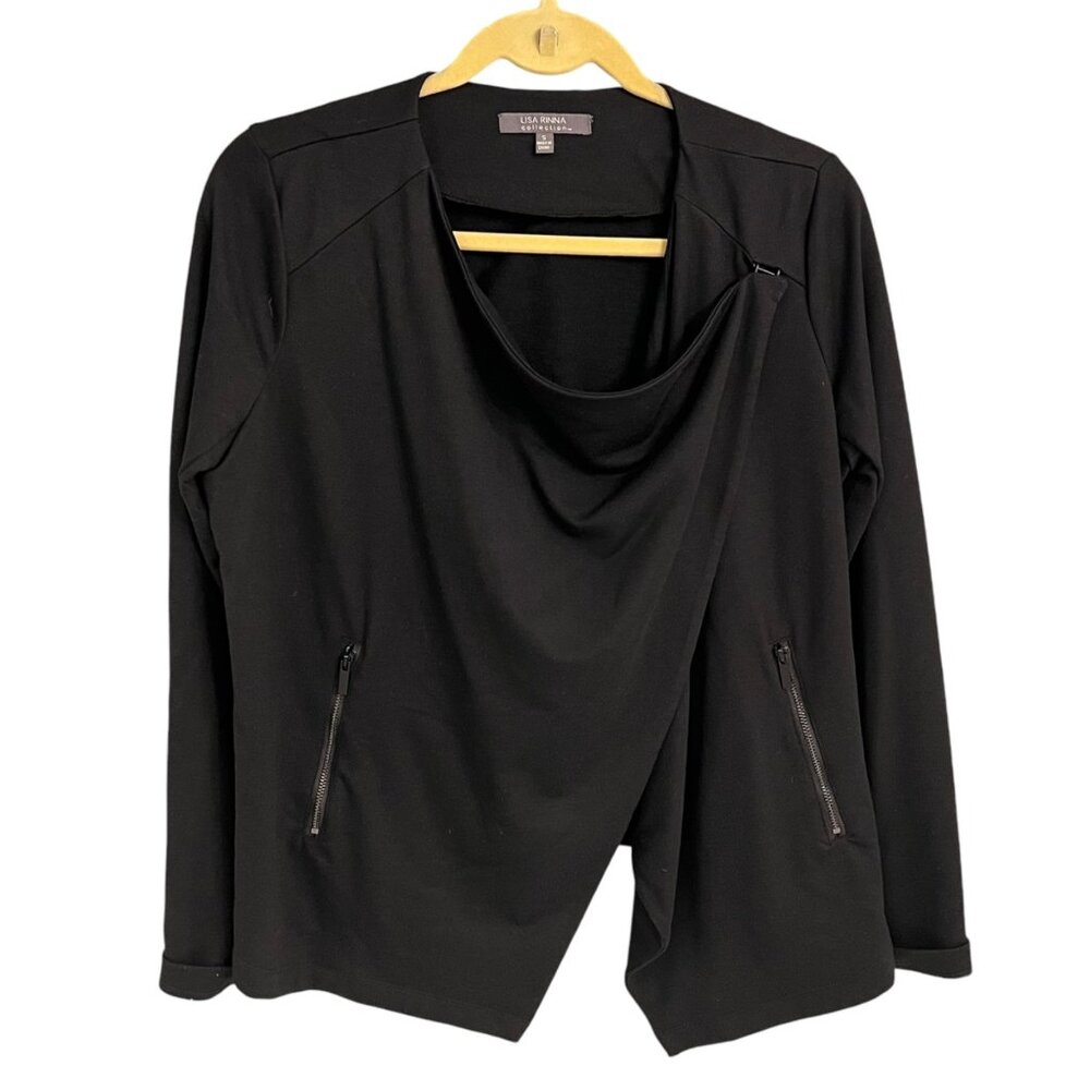 Lisa Rinna Collection Black Asymmetrical Drape Cardigan S Polyester Rayon